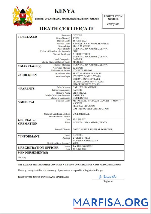 Downloadable Kenya vital record death certificate Word and PDF template